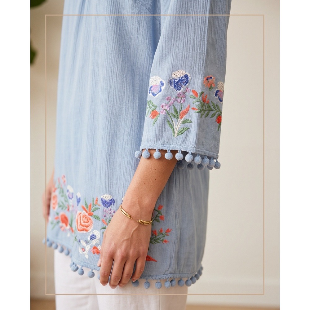 Umgee S Boho Floral Embroidered Pom Pom Trim Tunic Top Blue Small A3096 - Picture 9 of 13